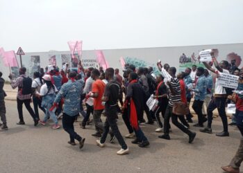Thousands of NABCO Trainees March in protest of unpaid stipends.